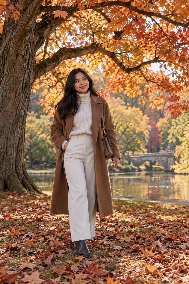 An adult woman in a brown long coat and cream sweater stands beneath a broad autumn tree canopy, with fallen leaves around her boots and a park pond behind her.