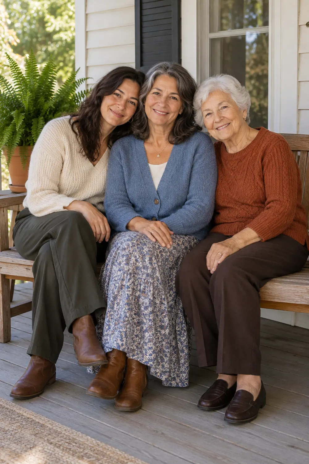 Three adult women in cream, muted blue, and rust knitwear sitting close together on a wooden porch bench beside a potted fern.
