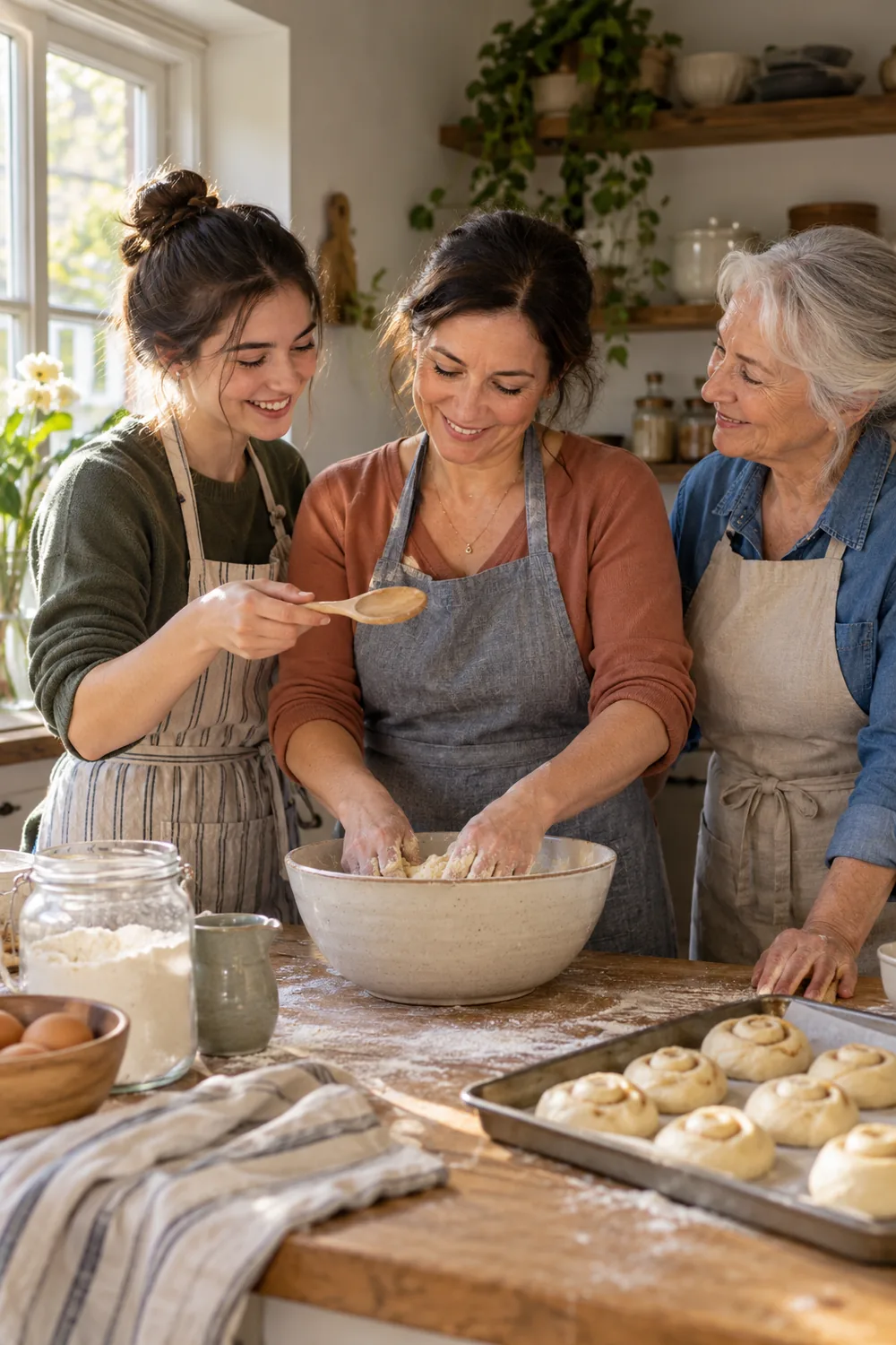Three adult relatives in muted everyday clothes and aprons baking dough together in a naturally lit home kitchen.
