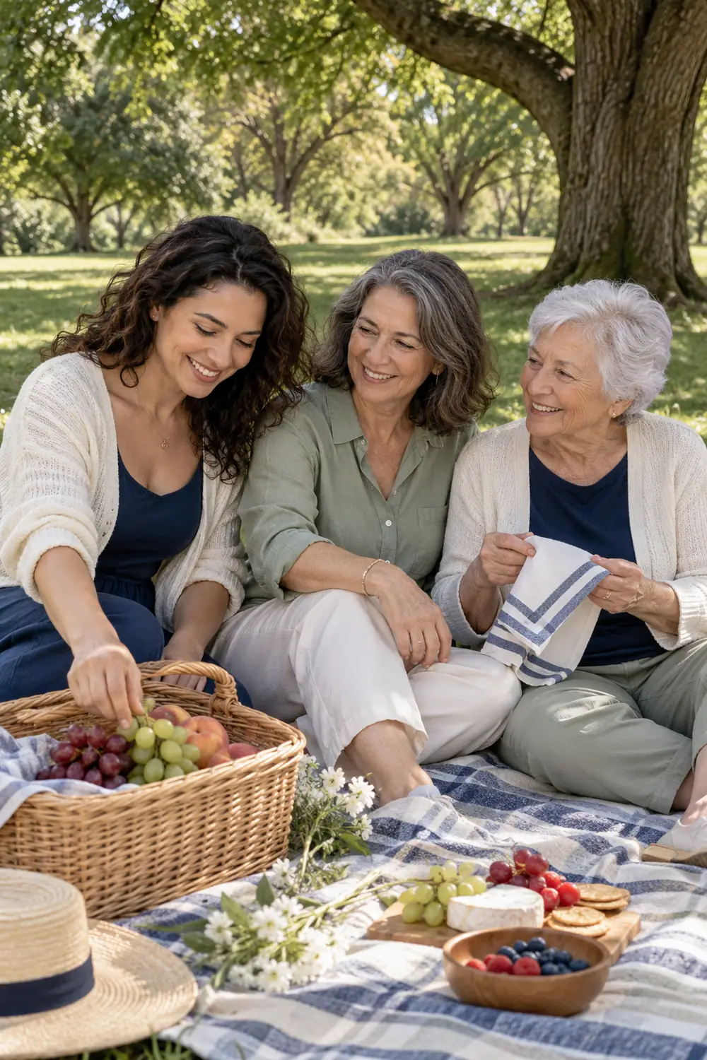 Three adult women in navy, cream, and sage sit close together on a picnic blanket beneath broad trees; one reaches toward a wicker fruit basket while another holds a folded napkin.