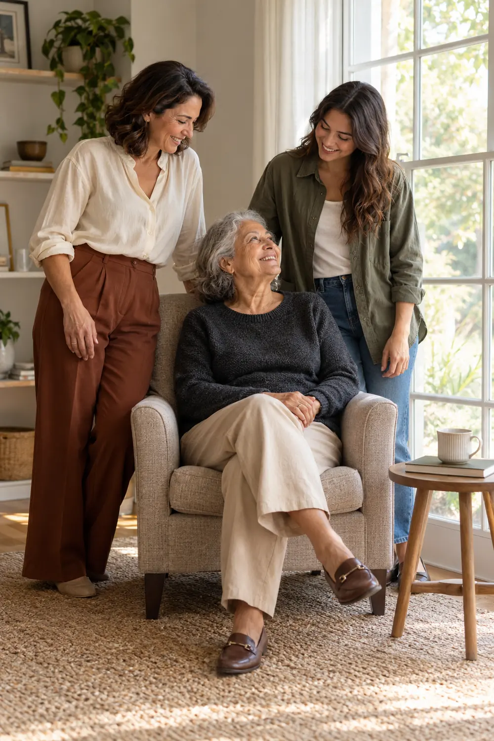 Three adult women in neutral everyday clothing gather beside a large home window, with one seated in an armchair and two standing nearby; a side table holds a cup and closed book.
