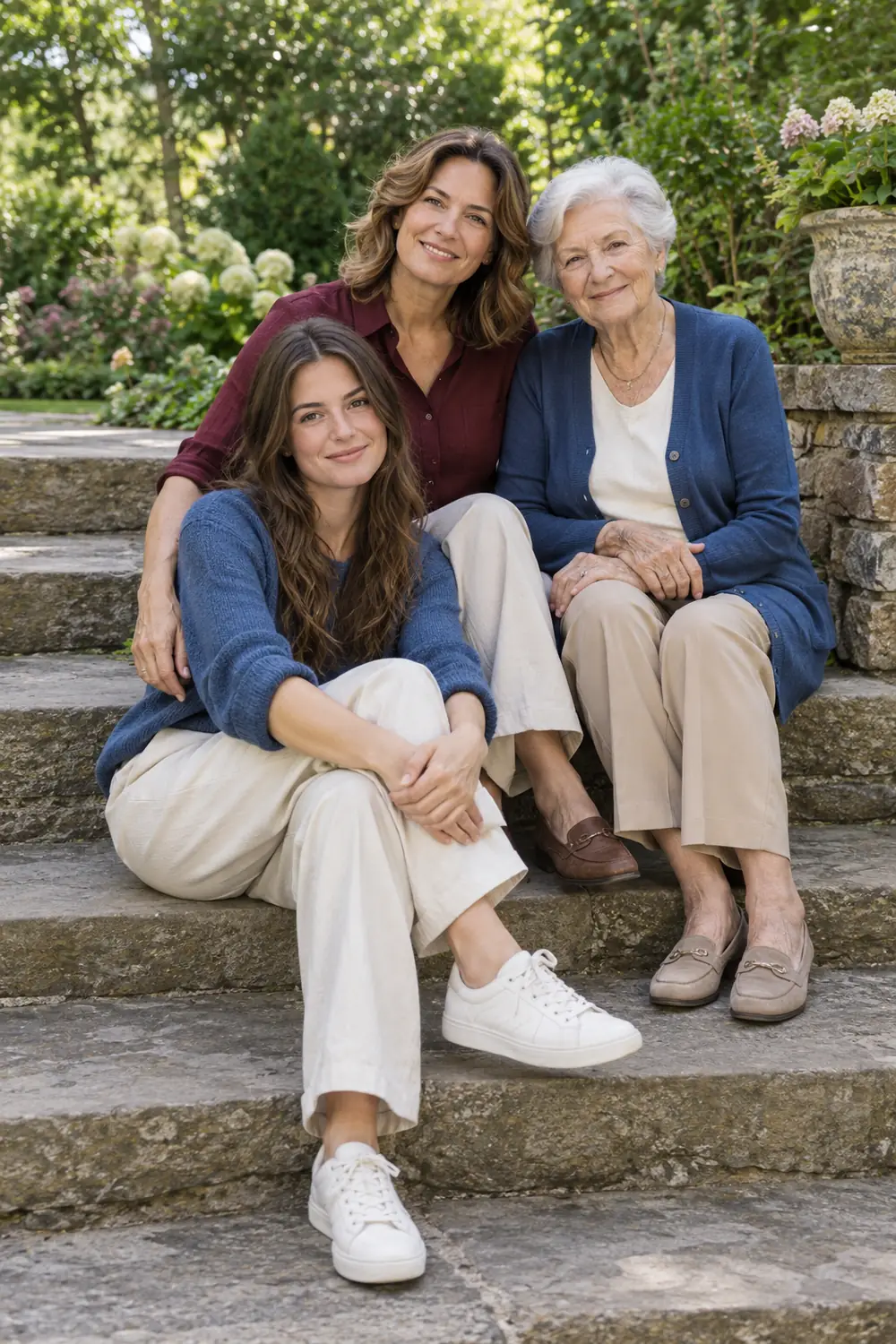 Three adult women in blue, burgundy, and beige seated at different levels on broad stone garden steps amid a green garden.