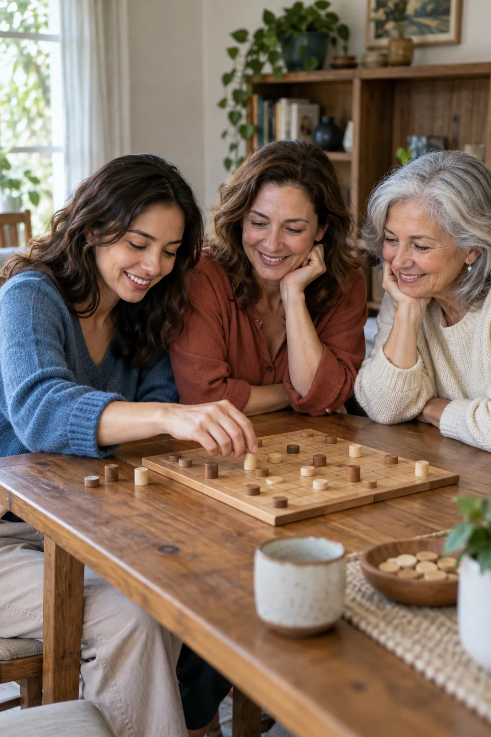 Three adult women in blue, clay, and cream tops lean around a wooden table, smiling as one moves a game piece on a simple board.