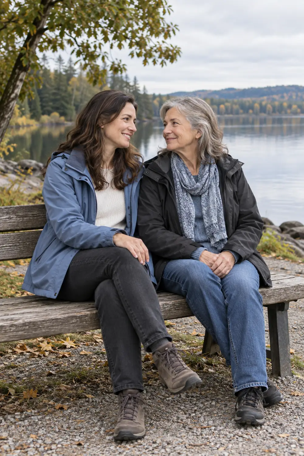 Two adult women in coordinated blue and charcoal jackets sit smiling together on a wooden bench beside a calm lake, with autumn trees in the background.