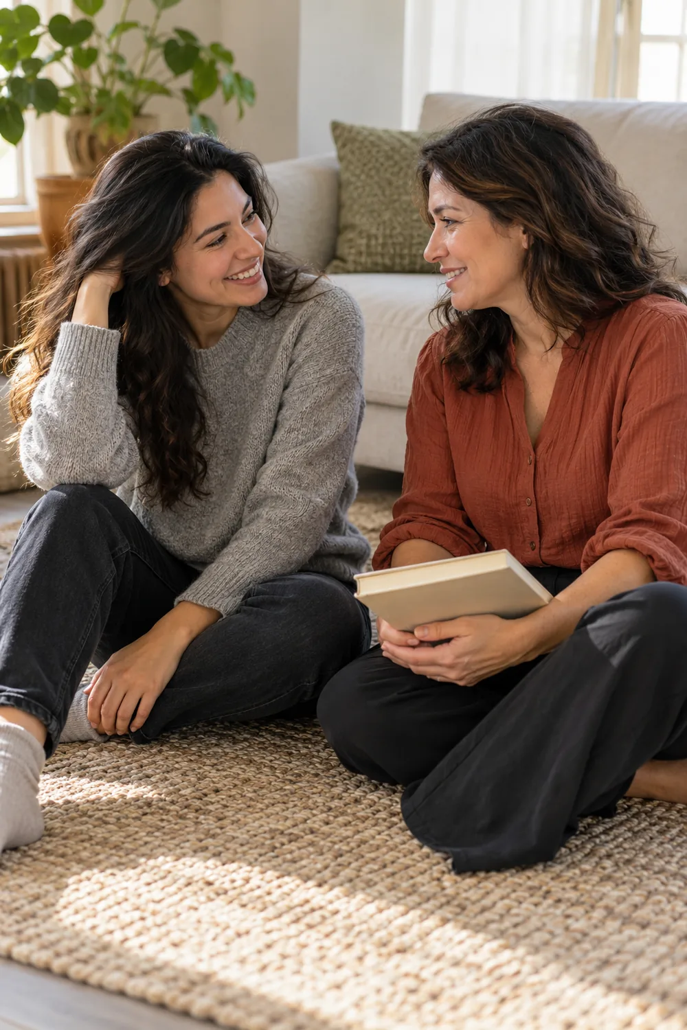 Two adult women in a grey sweater and terracotta blouse sit talking on a woven living-room rug, holding a closed book beside a sofa in soft daylight.