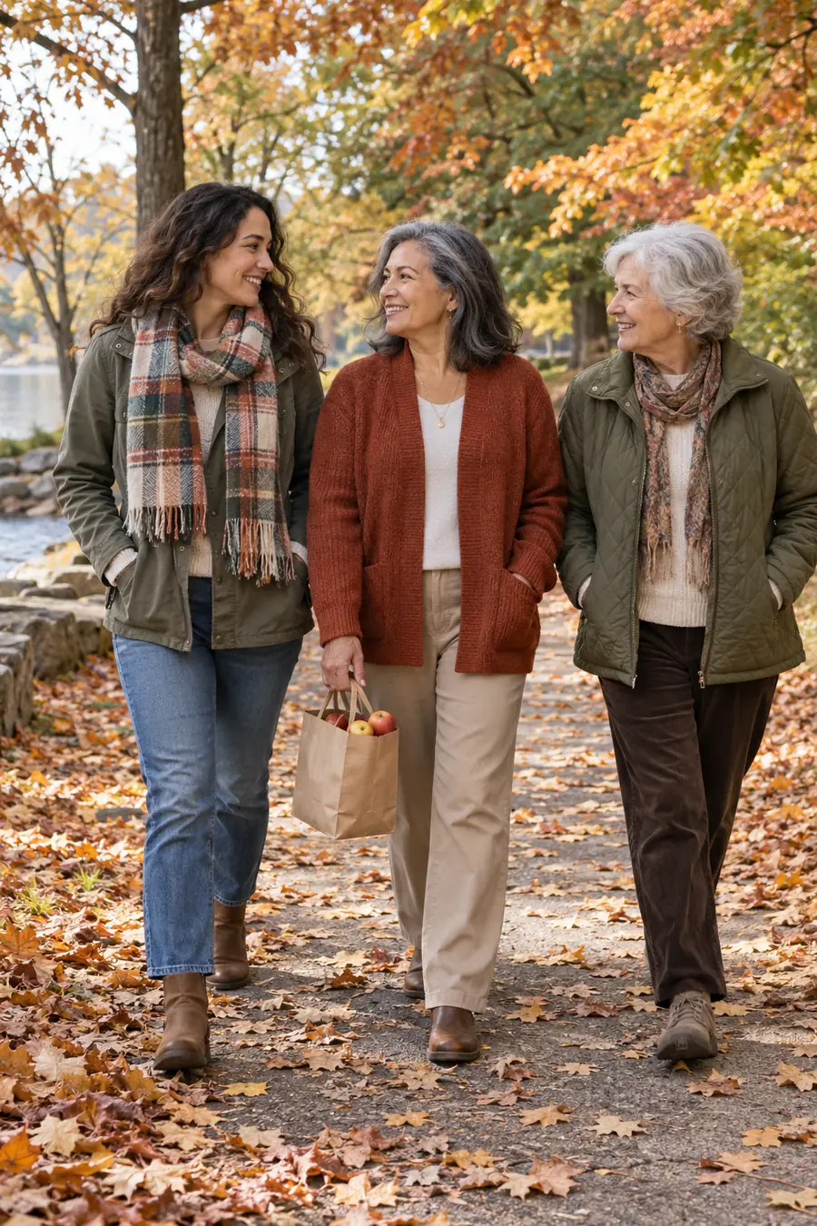 Three adult women in layered autumn clothes walk together on a leaf-strewn park path; the woman in the center carries a paper bag of apples.
