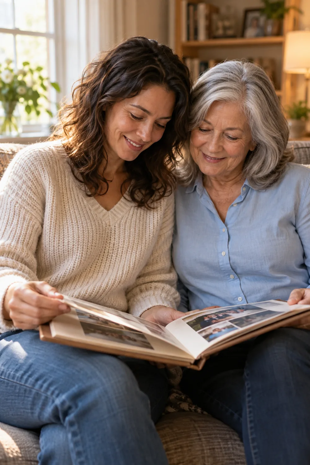 Two adult women seated shoulder to shoulder on a sofa, looking through an open photo album in a warmly lit home.