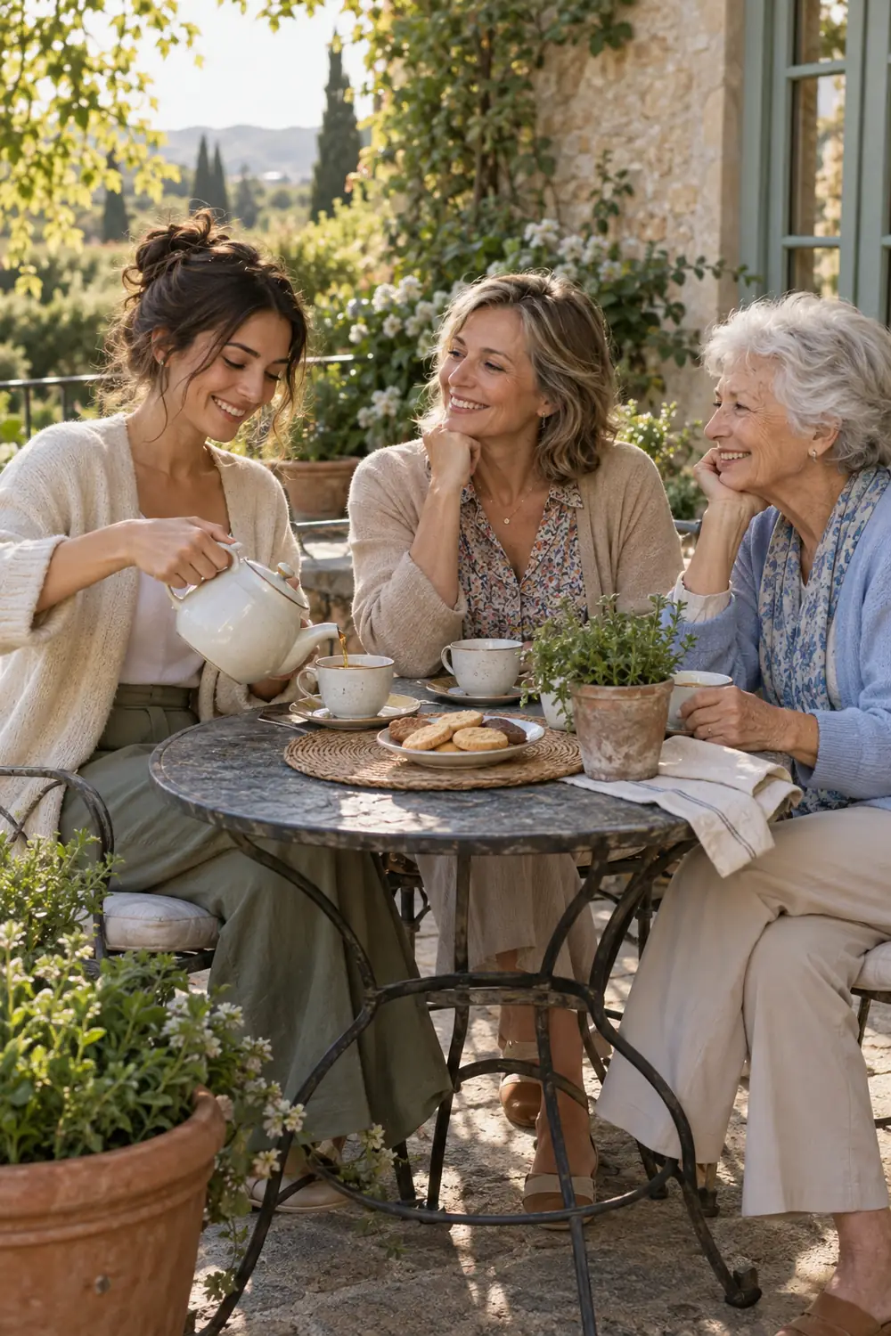 Three adult women in coordinated light layers share tea at a garden table, with cups, biscuits, and potted herbs visible.