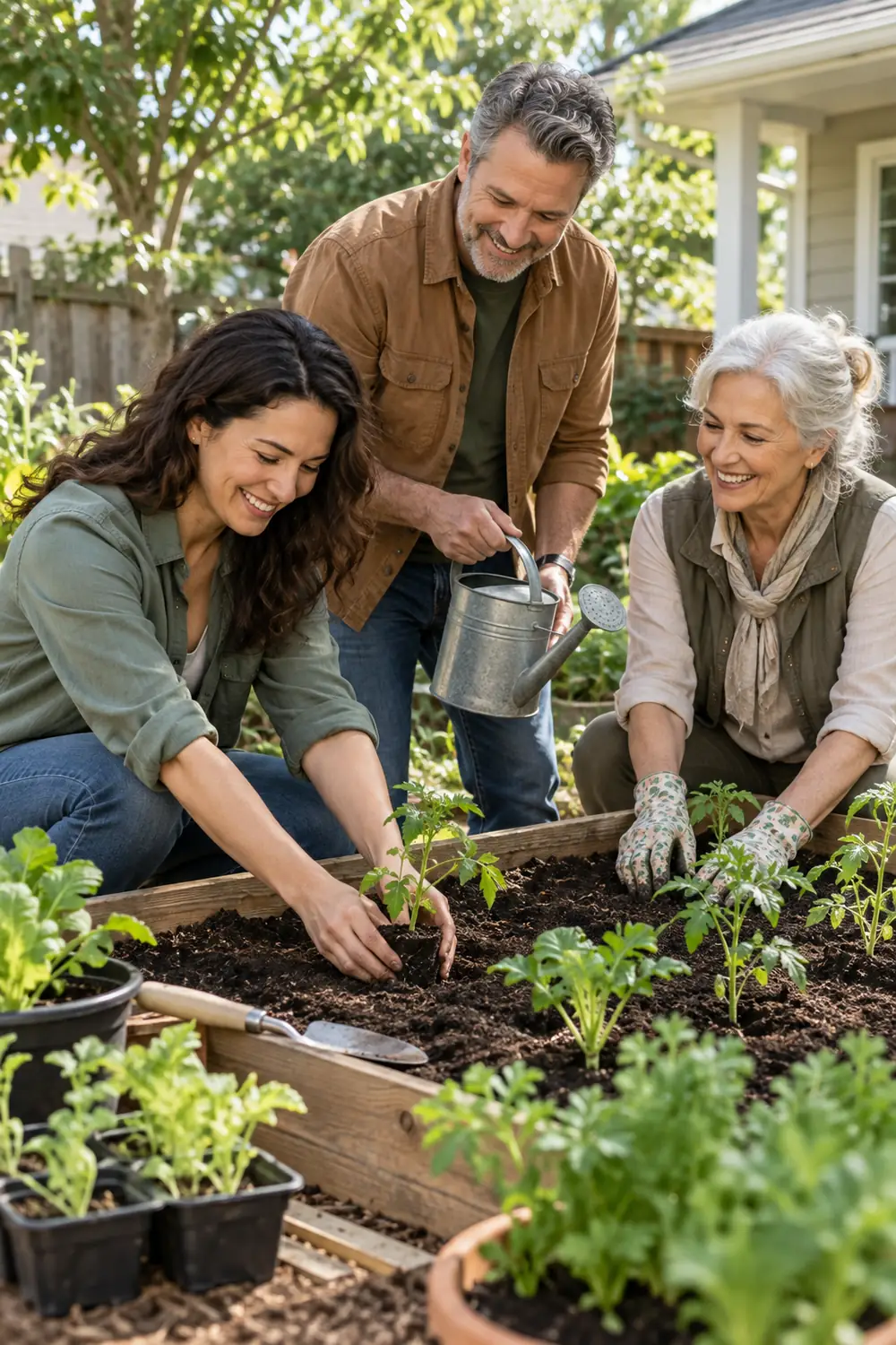 Three adult relatives in earth tone gardening clothes planting seedlings together in a raised backyard bed; one holds a watering can and another wears gloves.