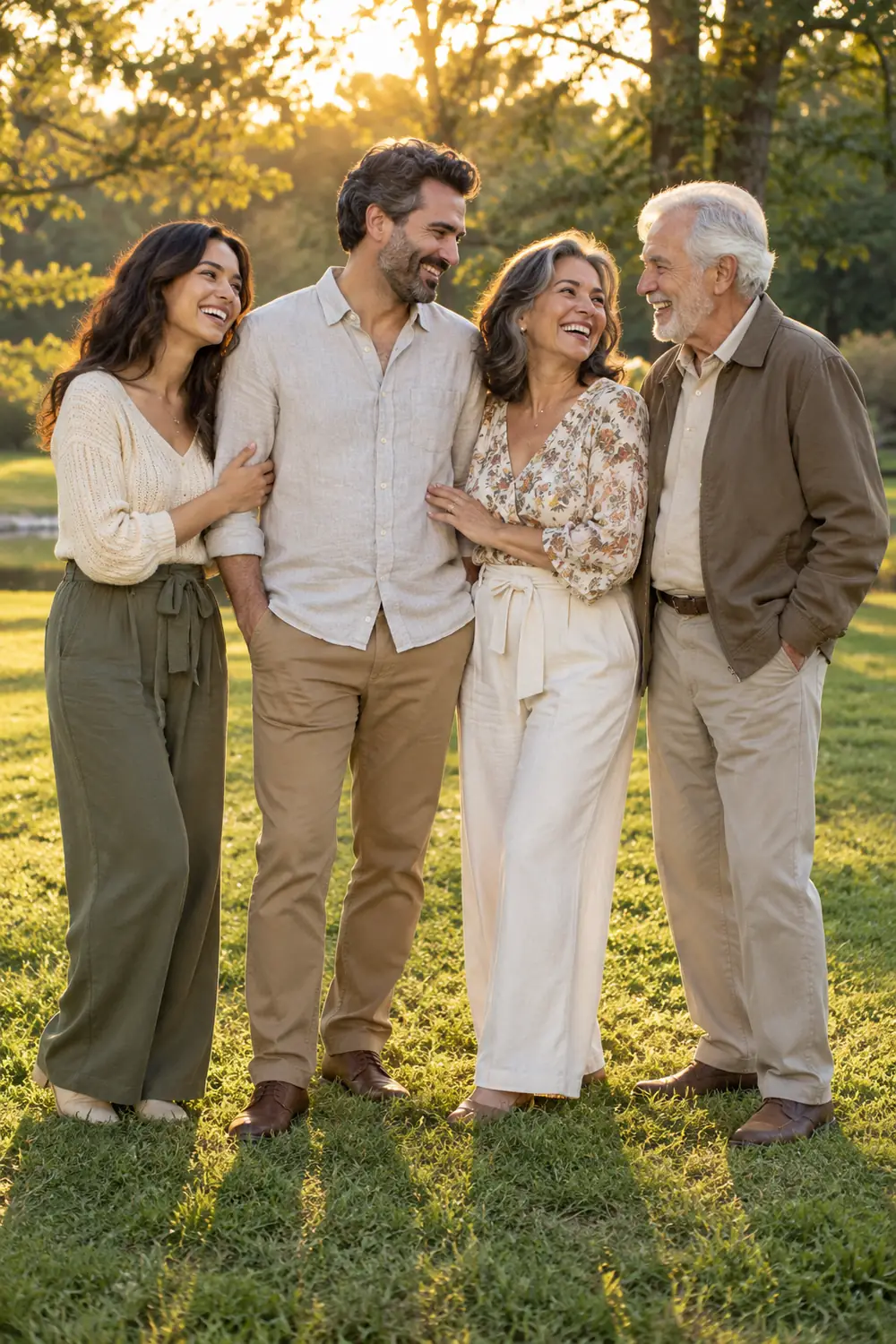 Four adult relatives in coordinated earth-tone clothes laughing together on a sunlit park lawn.