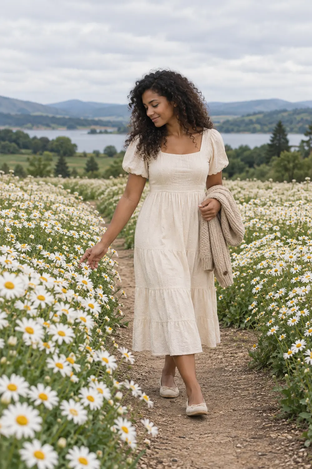 Adult woman in a cream midi dress holding a cardigan as she walks on a clear path through a white daisy field.