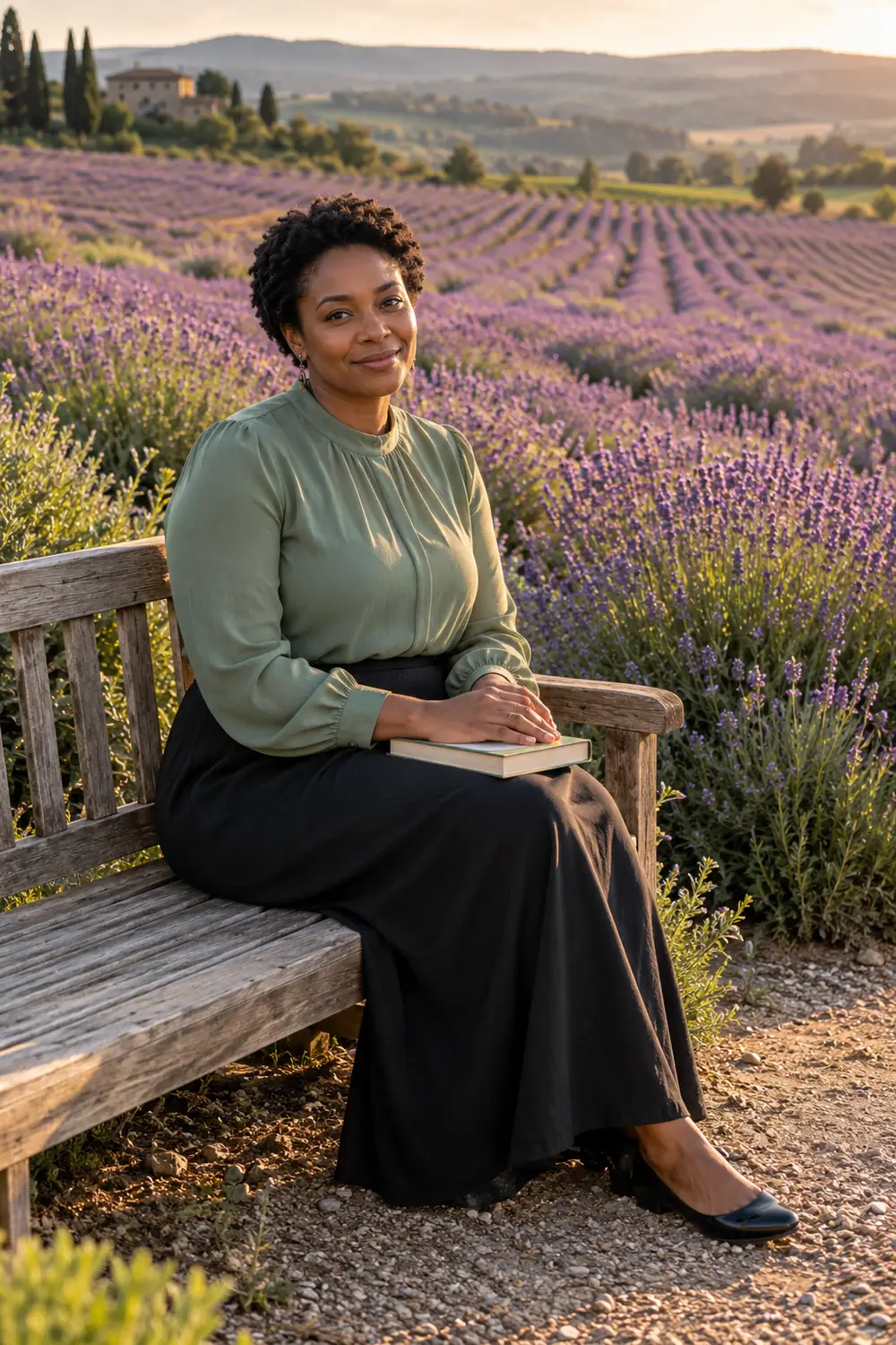 A woman in a sage blouse and dark ankle-length skirt sits on a wooden bench beside lavender rows, holding a closed book in her lap.