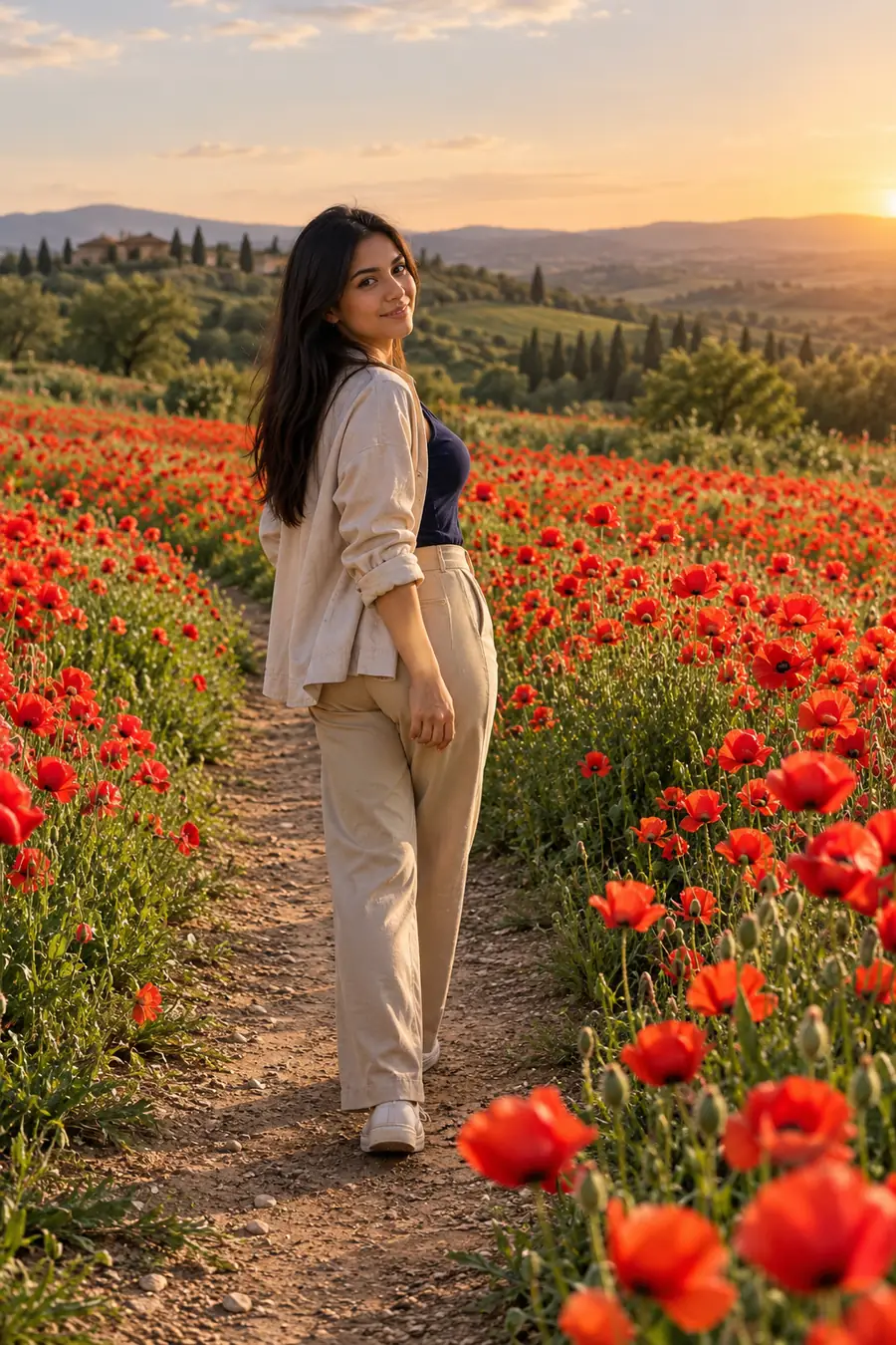 A woman in a neutral jacket and tan trousers looks back from a dirt path winding through a red poppy field at sunset.