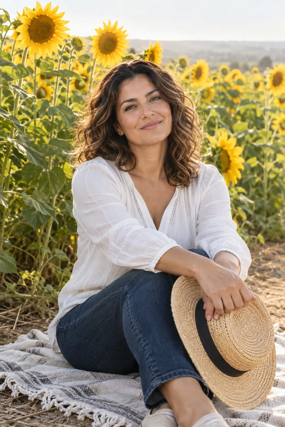 Adult woman in a white blouse and dark jeans seated on a blanket beside tall sunflowers, holding a straw hat across her knees.