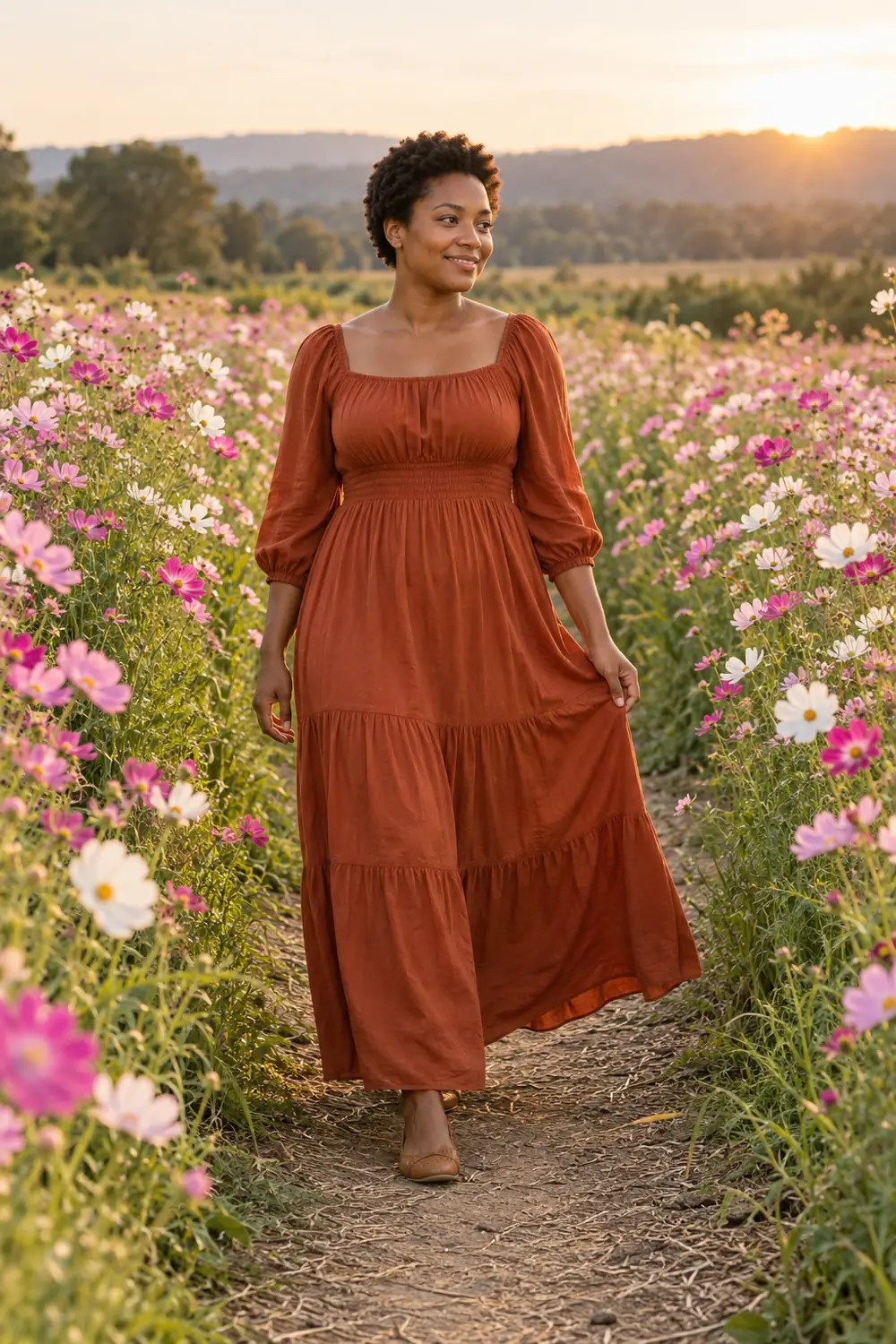 A woman in a rust-colored dress takes a step along a path through pink and white cosmos at sunset, lightly holding her skirt.