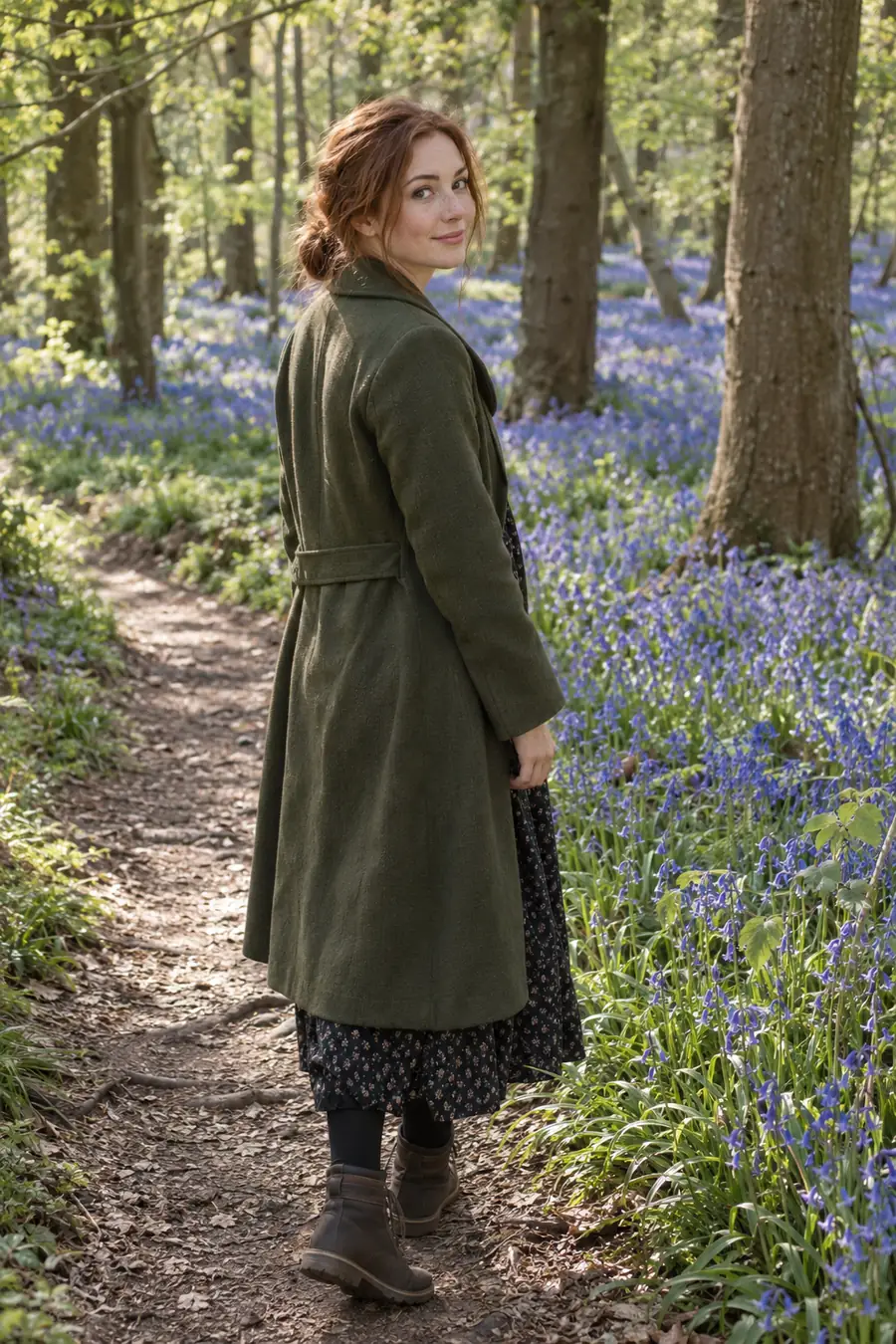 Freckled auburn-haired woman in a muted green coat glancing back on a woodland path beside bluebells.
