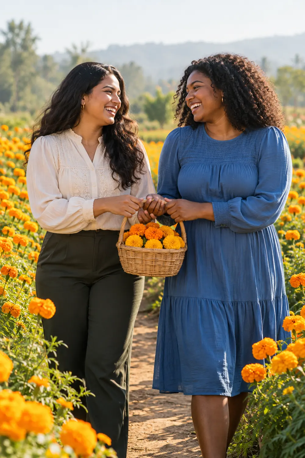 Two adult women in a marigold field laughing together on a path while holding a woven basket.