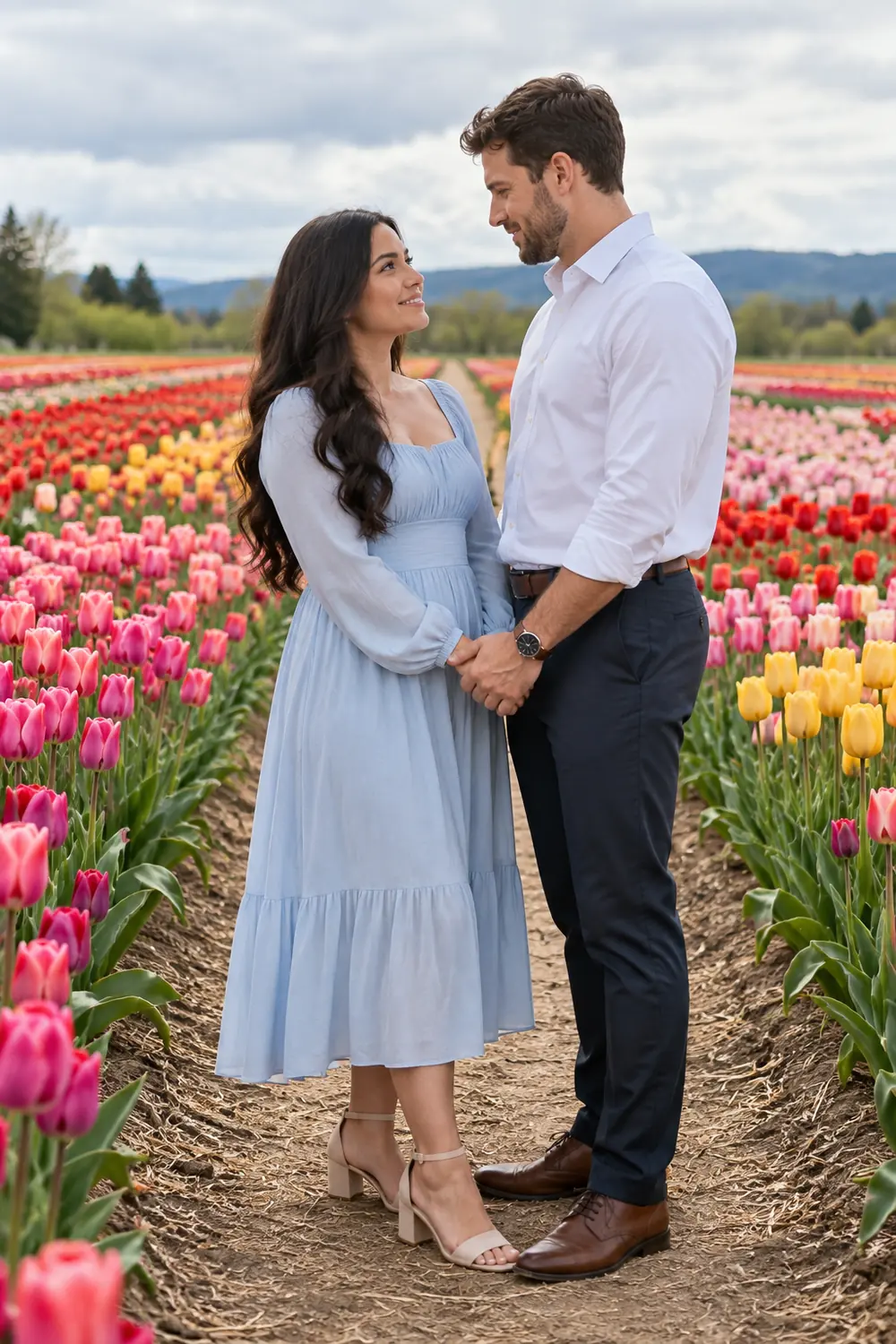 Adult couple in a pale-blue dress and light shirt standing face to face with joined hands on a path between colorful tulip rows.