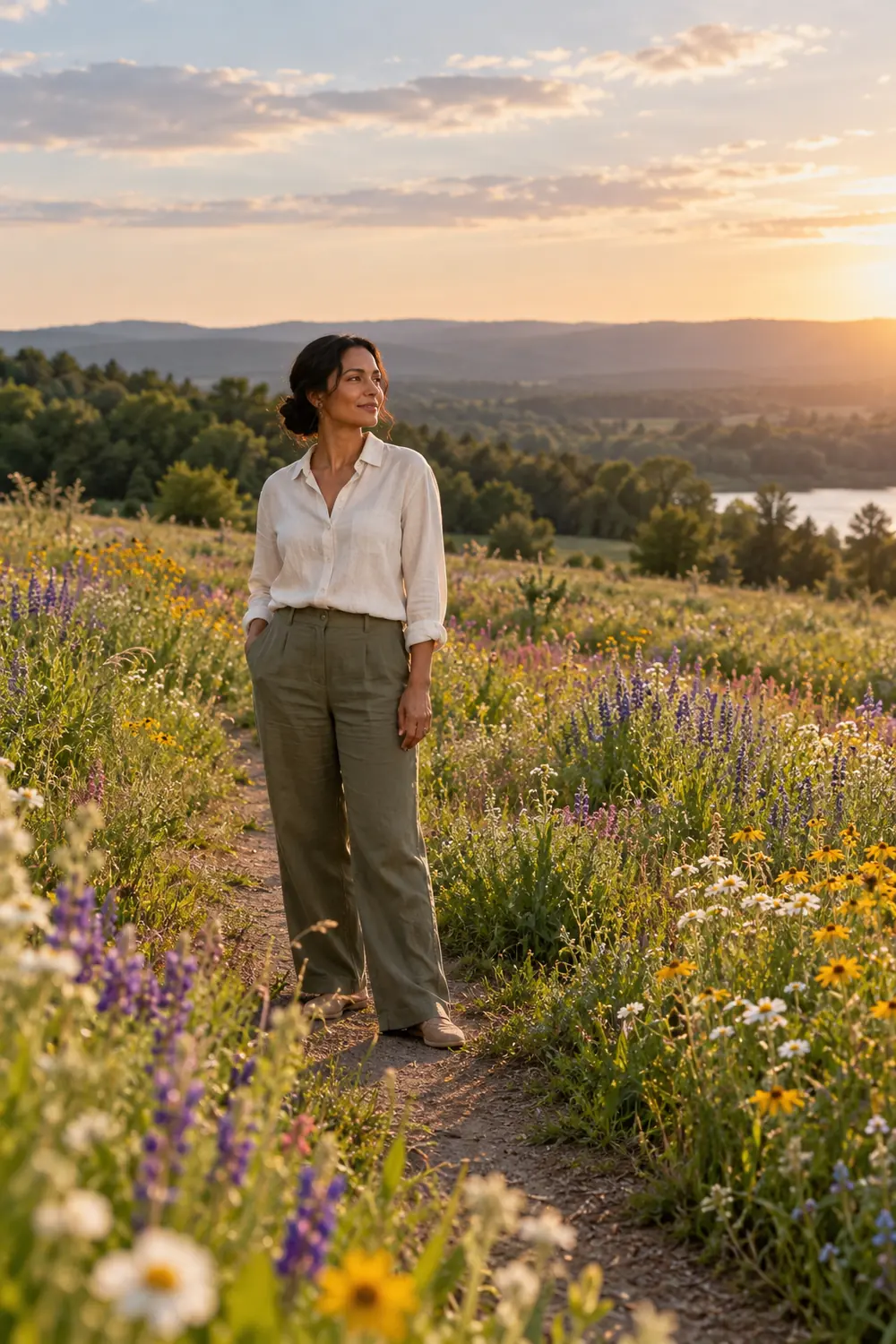 Adult woman in an ivory linen shirt and olive trousers standing on a clear track through a colorful wildflower meadow at sunset.