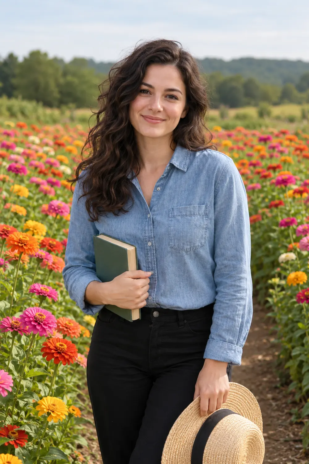 Adult woman with dark wavy hair holding a closed book and woven sun hat on a path in a colorful zinnia field.