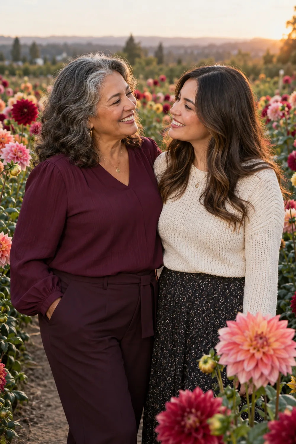 Adult mother in plum and adult daughter in cream knit standing close on a dahlia field path at sunset, smiling toward each other.