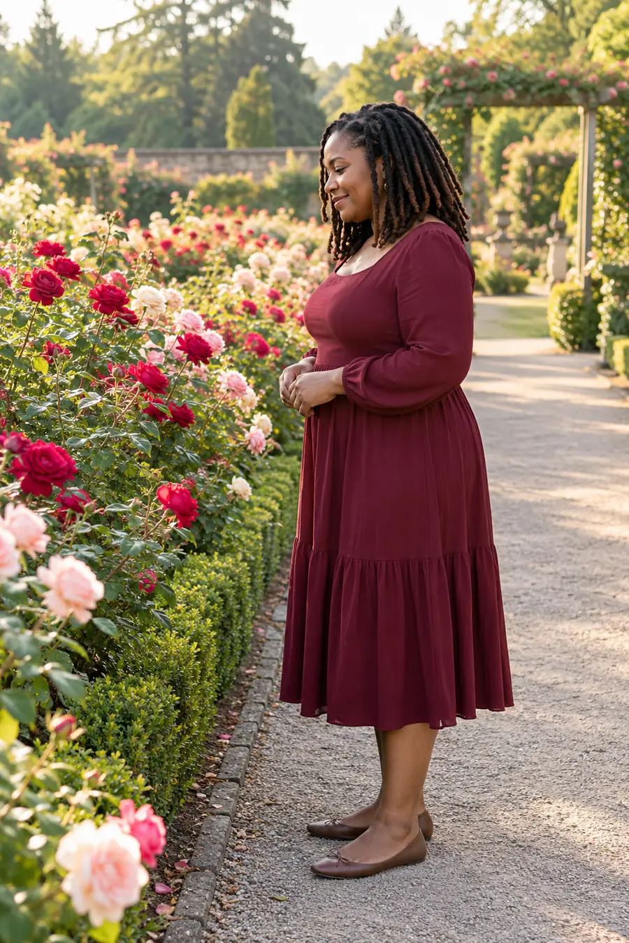 A woman with shoulder-length locs in a burgundy dress stands in profile beside colorful rose rows on a garden path.
