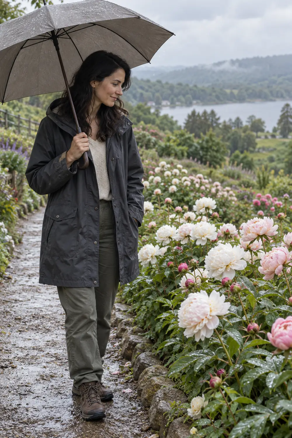 Dark-haired woman in a charcoal raincoat holding a gray umbrella on a wet path beside white and blush flowers.