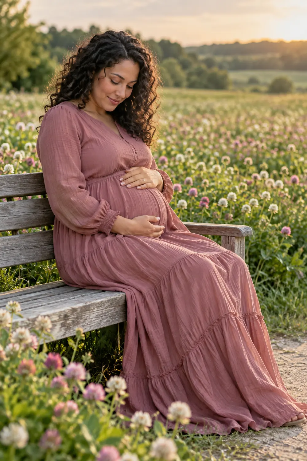 Visibly pregnant adult woman with dark curly hair seated on a wooden bench beside clover blooms, hands resting over her covered belly.
