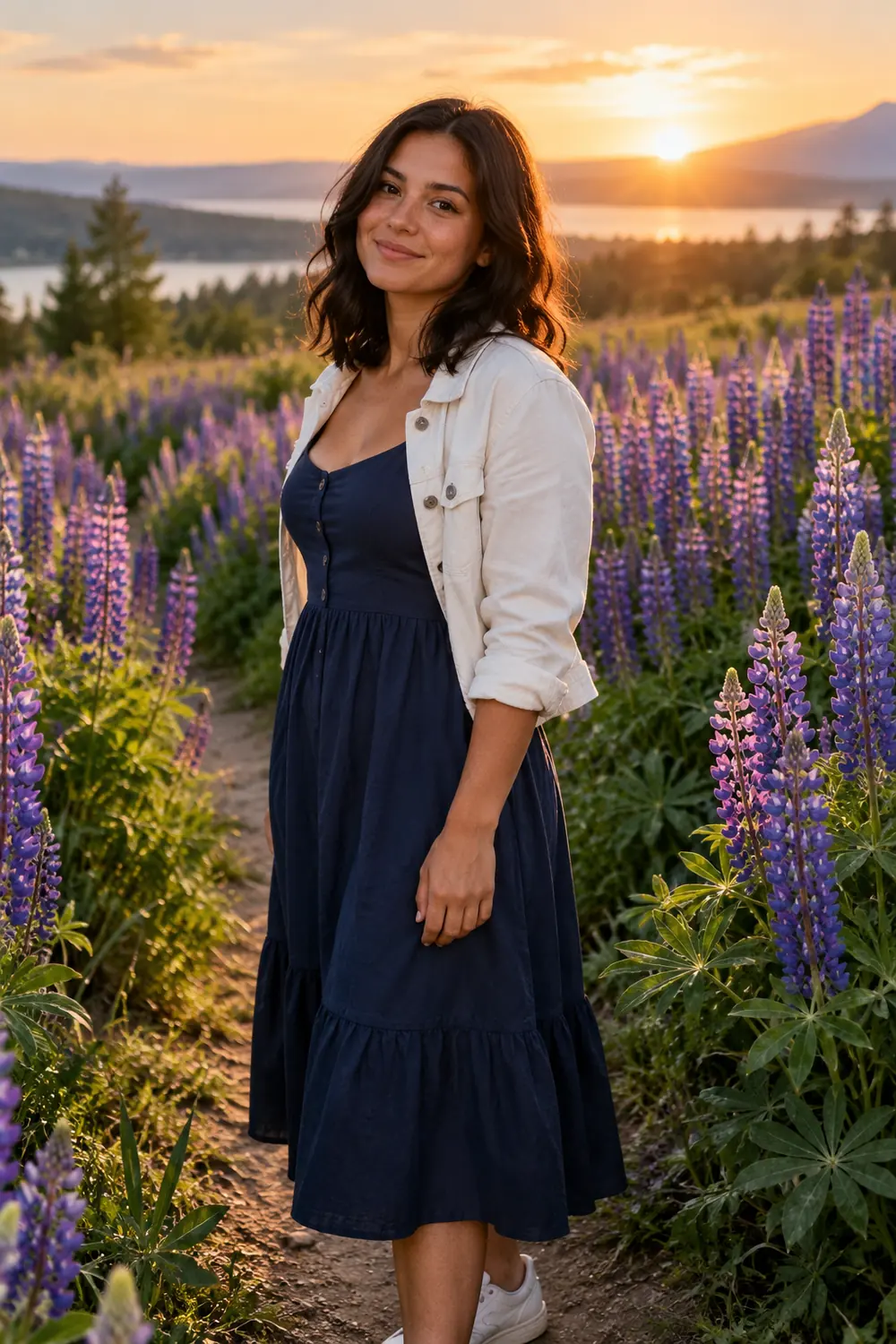 A woman in a navy dress and light jacket stands on a path among purple lupines at sunset.