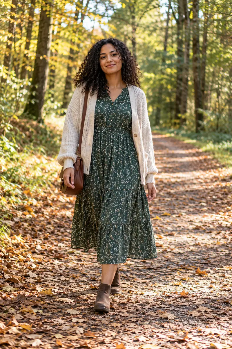 A woman with dark curly hair walks on a leafy forest path in a dark patterned midi dress, cream cardigan, and brown boots.