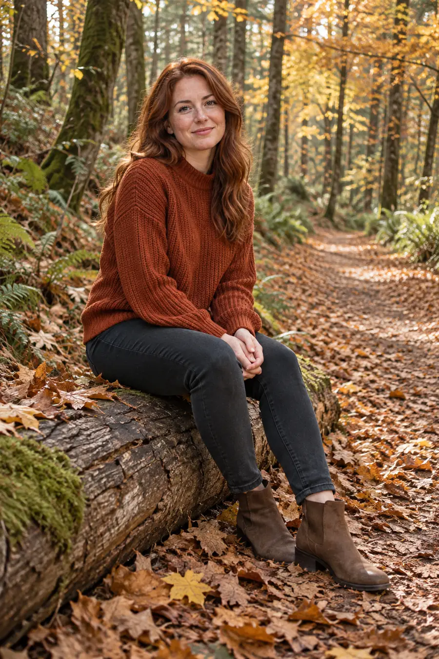 An adult woman with auburn hair sits on a fallen log beside an autumn woodland path, wearing a rust sweater, dark trousers, and ankle boots.