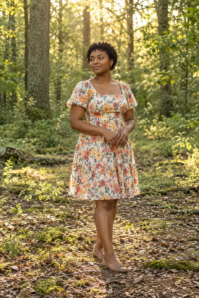A woman with short coiled hair stands full length in a forest clearing, wearing a floral dress and flats in warm filtered sunlight.