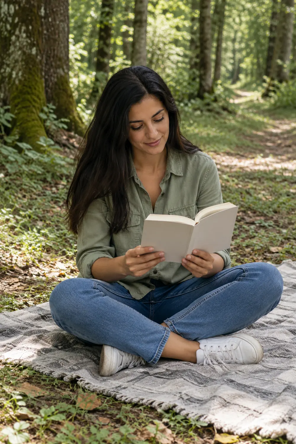 An adult woman with dark hair reads an unmarked paperback while sitting cross-legged on a blanket in a shaded forest clearing.