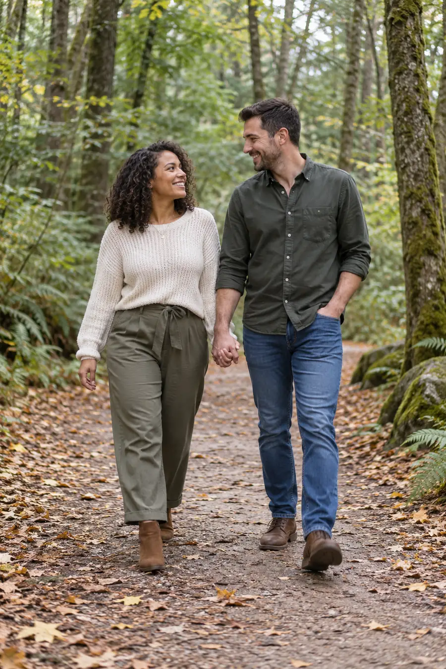 A woman with shoulder-length curls and a man in casual layers walk hand in hand and smile at each other on a broad woodland path.