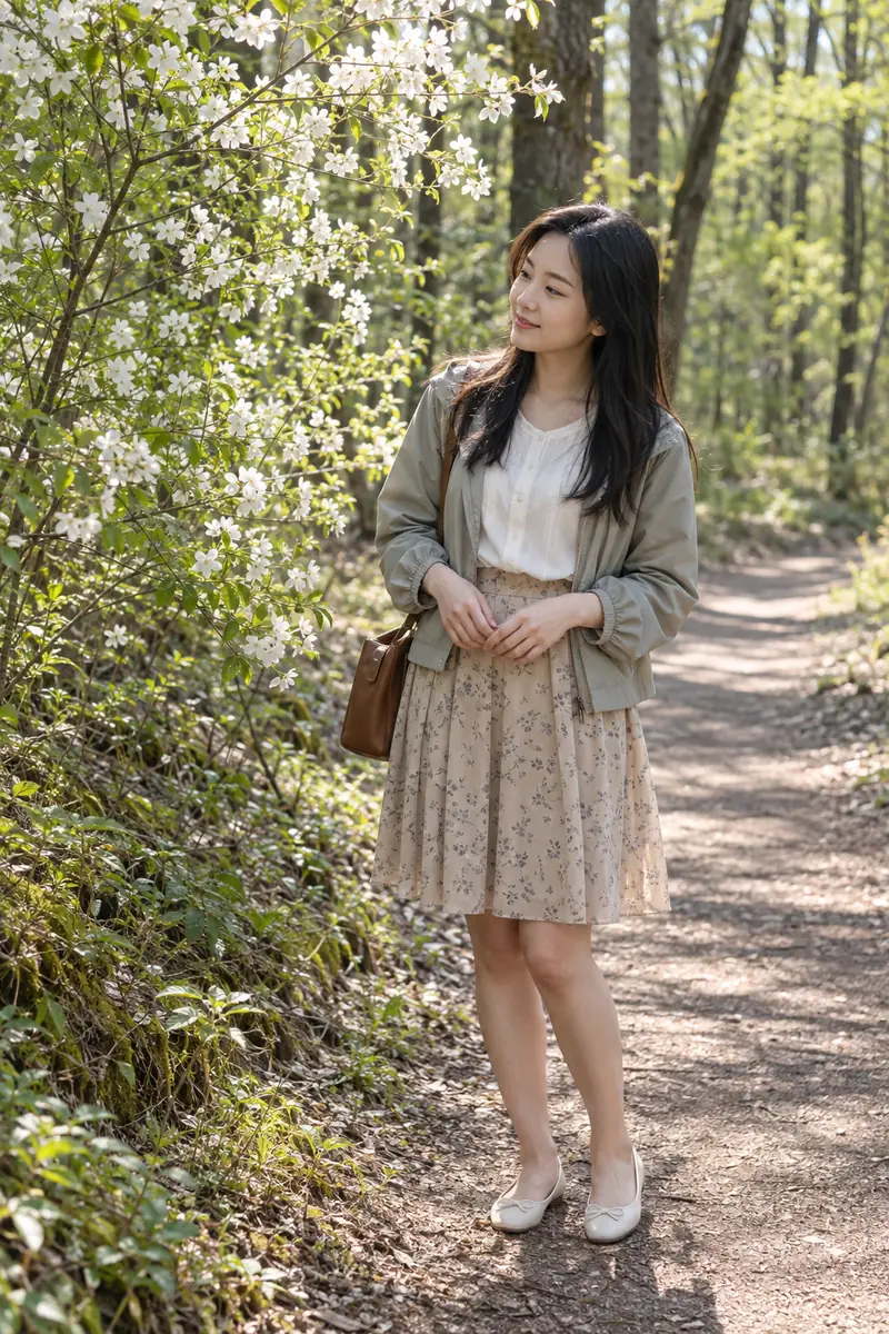 An adult woman in a pale blouse, light jacket, floral knee-length skirt, and flat shoes stands beside white spring blossoms along a woodland trail.
