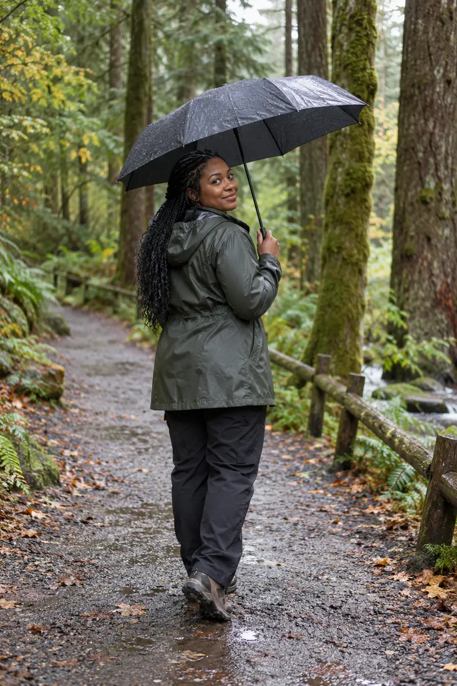 A dark-skinned woman with long braids, wearing a dark waterproof coat and trousers, glances back beneath an umbrella on a damp woodland path.
