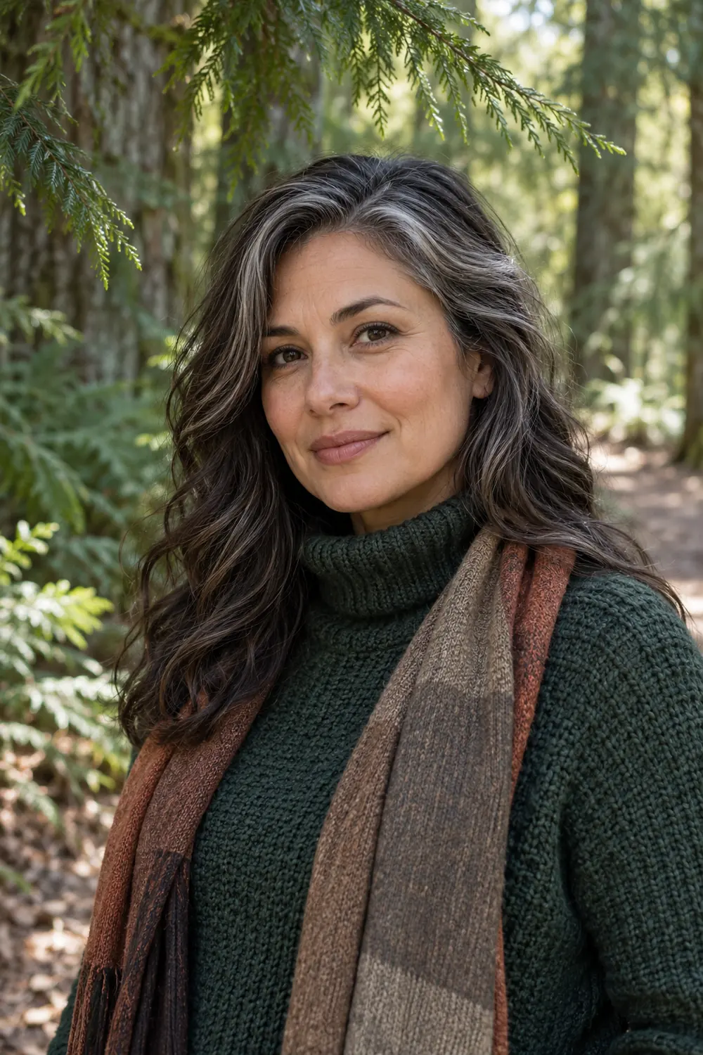 An adult woman with silver-streaked dark hair wears a dark green textured turtleneck and a brown scarf beneath evergreen branches, with a softly blurred woodland path behind her.