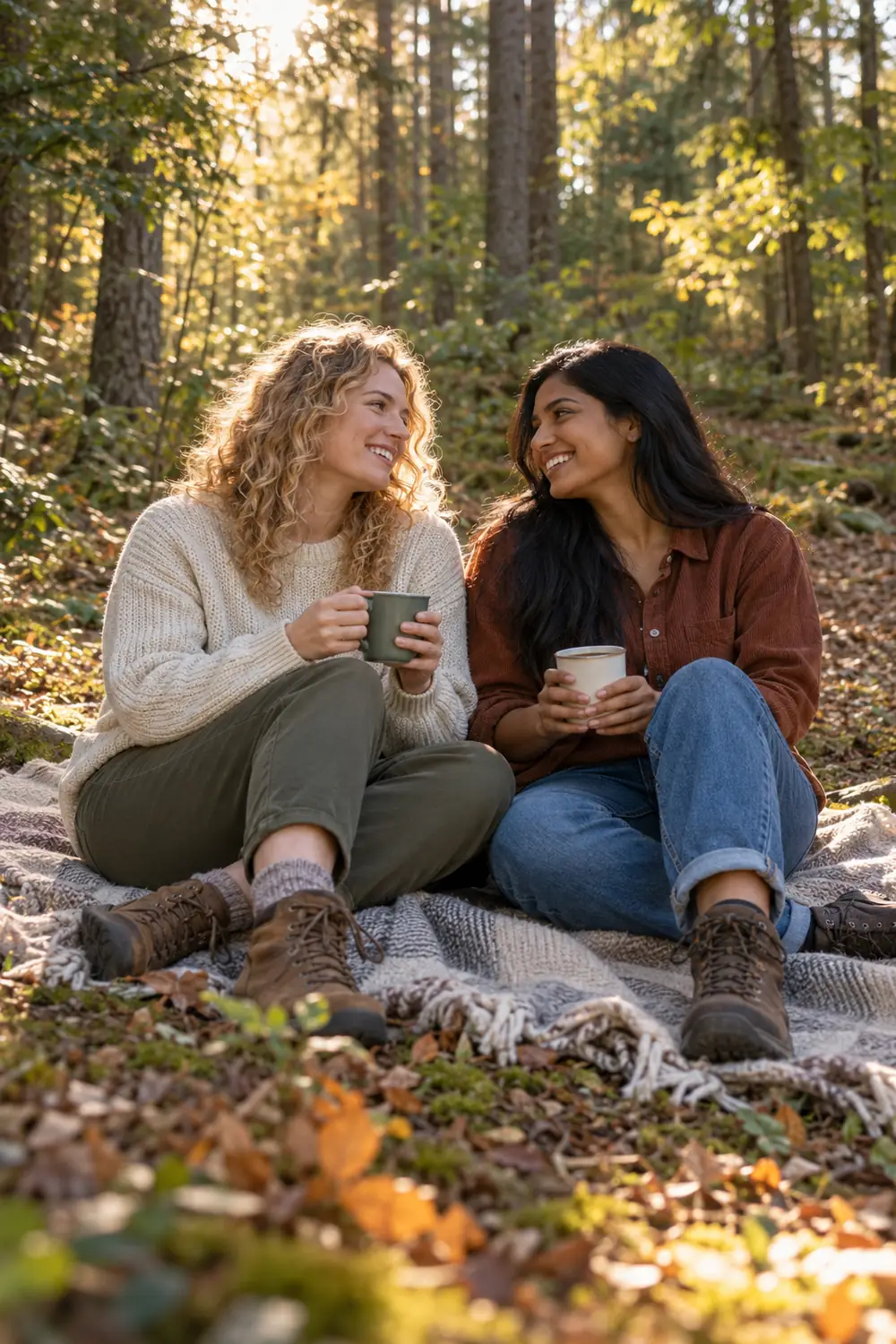 Two adult women seated on a blanket in a sunlit woodland clearing, smiling at each other and holding cups.