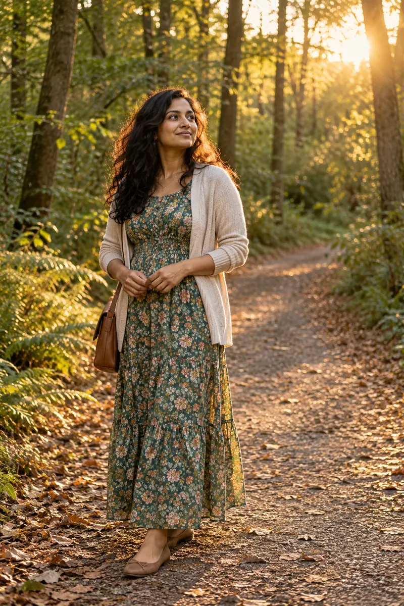 A woman in a floral long dress and cardigan turns toward golden evening light on a woodland path.