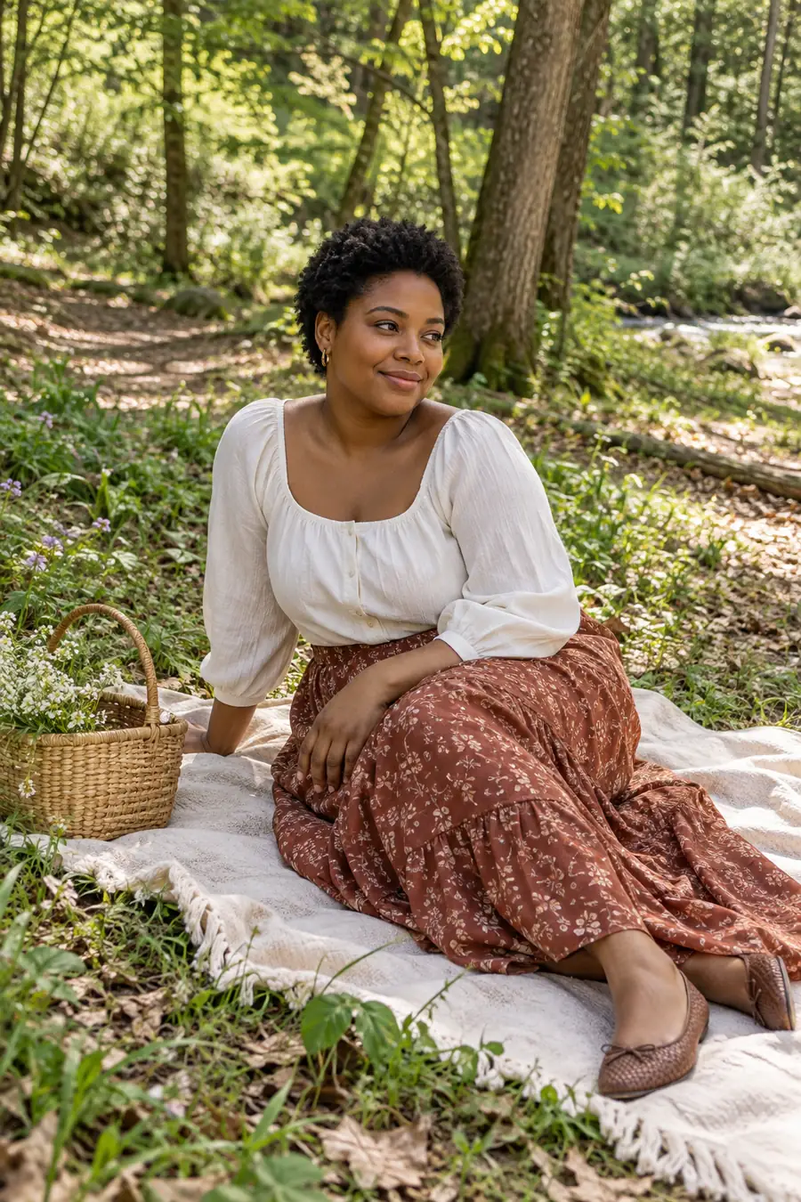 A woman with short natural hair sits on a cream blanket beside a woven basket in a green woodland clearing.