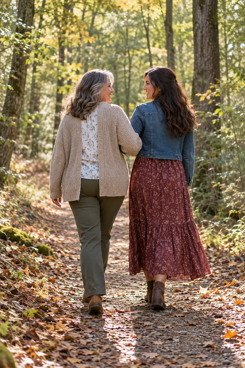 A mother and adult daughter in a cardigan and long patterned dress walking arm in arm along a sunlit woodland trail.