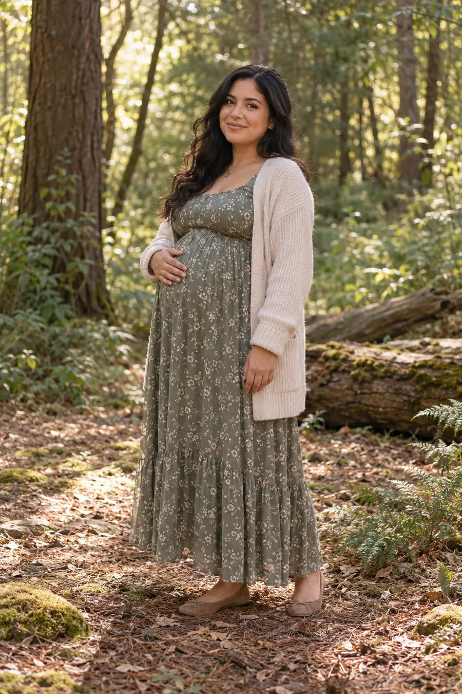 A visibly pregnant adult woman with dark hair stands in a shaded forest clearing wearing a long floral dress, a pale cardigan, and flat shoes, one hand resting over her belly.