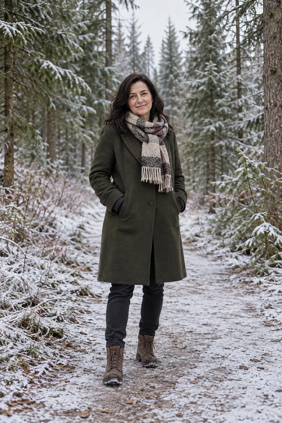 A dark-haired adult woman in a wool coat, patterned scarf, trousers, and sturdy boots stands with her hands in her pockets on a lightly frosted evergreen woodland path.