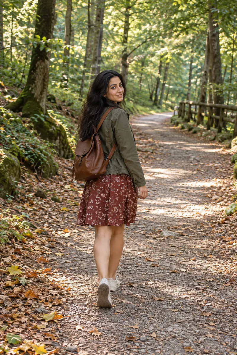 A woman in a casual jacket and knee-length dress looks back while walking along a leafy woodland trail.