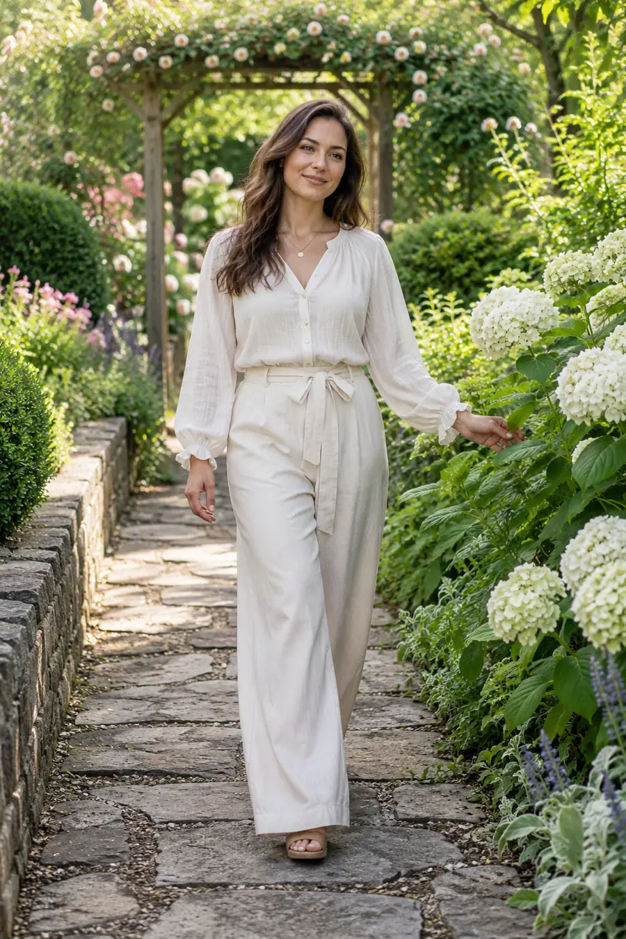 Woman in a cream blouse and wide-leg trousers walking toward the camera on a stone garden path, one hand grazing leafy plants beneath a flowered arbor.