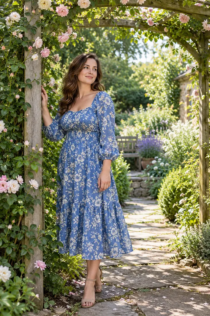 A woman in a blue floral midi dress stands beneath a rose-covered garden arbor, resting one hand on its wooden post as a stone path leads through the garden behind her.