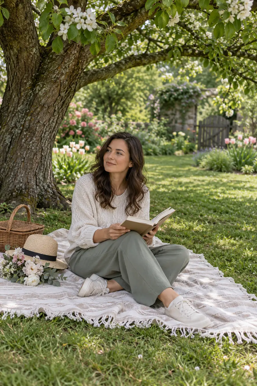 A woman in a light sweater and trousers reads an open book while seated on a blanket beneath a broad garden tree, with flowers and grass around her.
