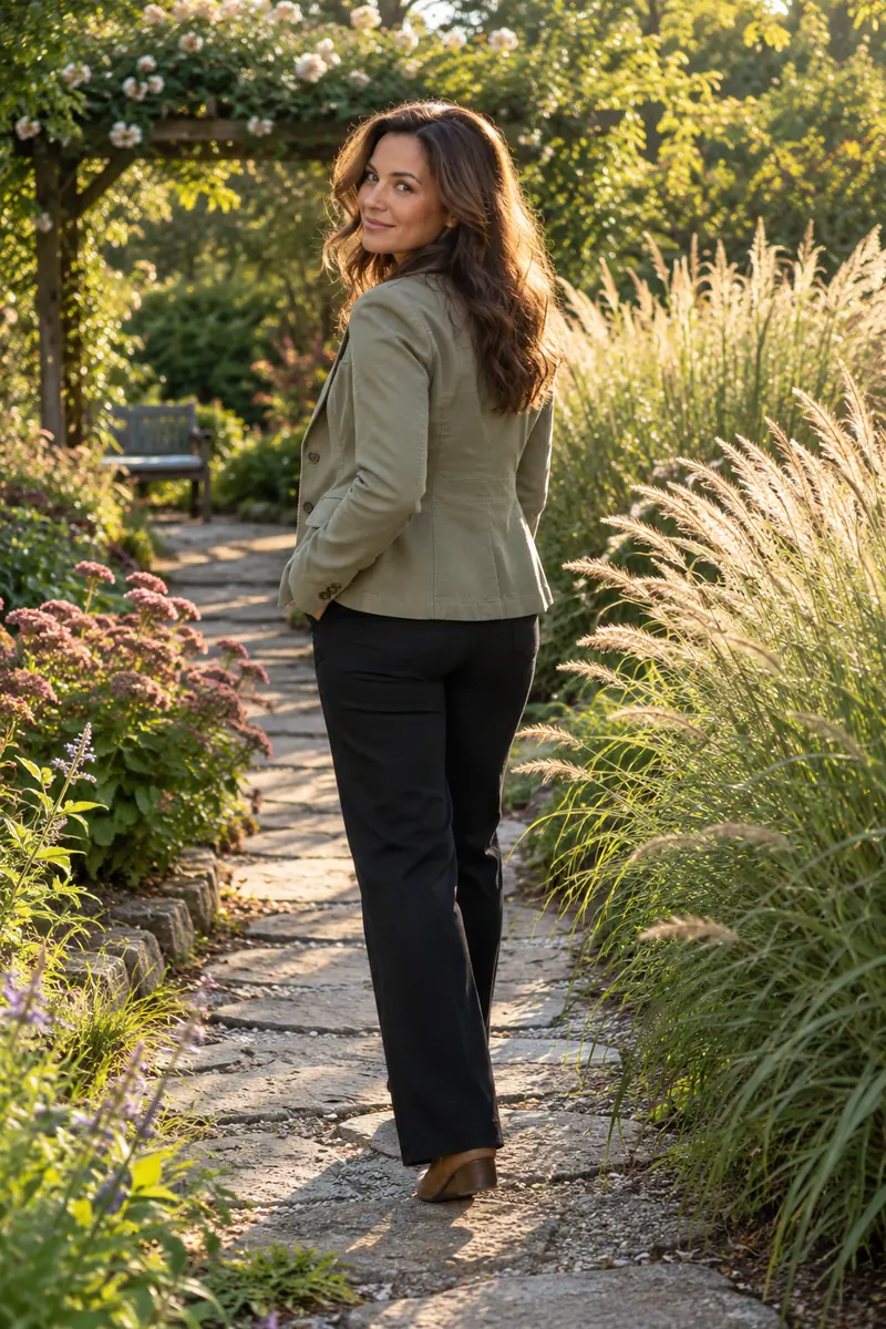 A woman in a light structured jacket and dark trousers looks back toward the camera on a stone path edged with tall ornamental grasses and flowers.