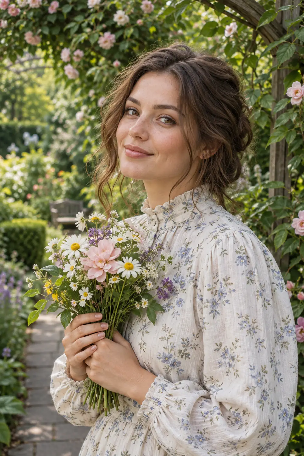 Adult woman in a floral high-neck blouse holding a bouquet on a garden path, with an arbor, leaves, and pink blossoms behind her.