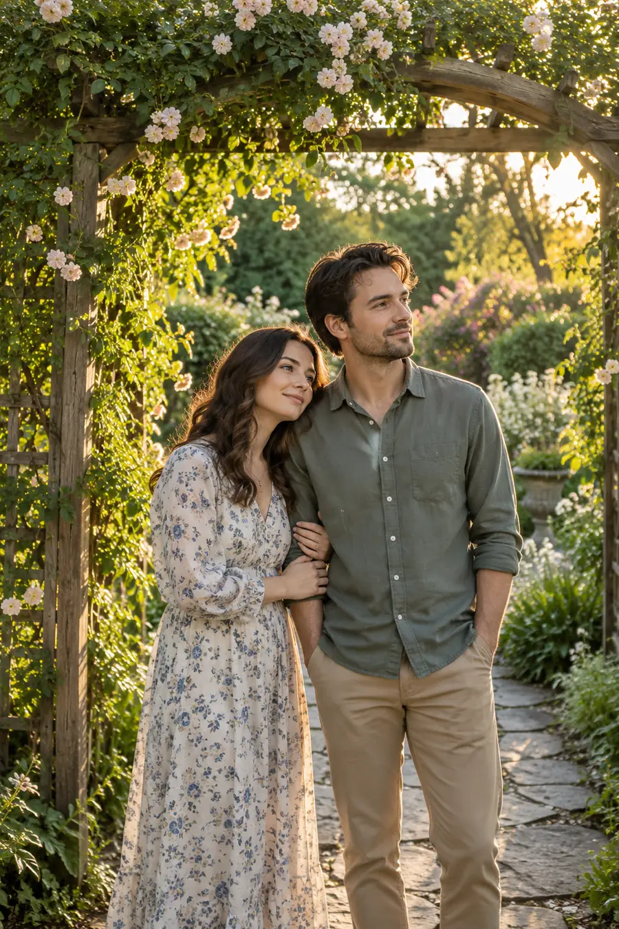 Adult couple beneath a flower-covered garden arbor, looking toward the greenery in warm late-day light.
